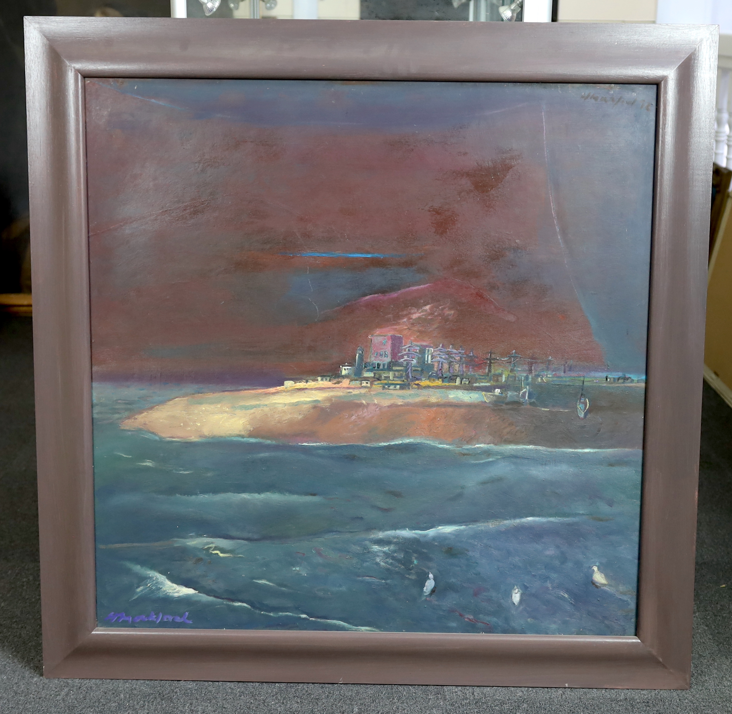 Harold Mockford (English, 1932-2023), oil on board, 'Dungeness from the Sea', signed, titled and dated Nov Dec 92 verso, 90 x 90cm